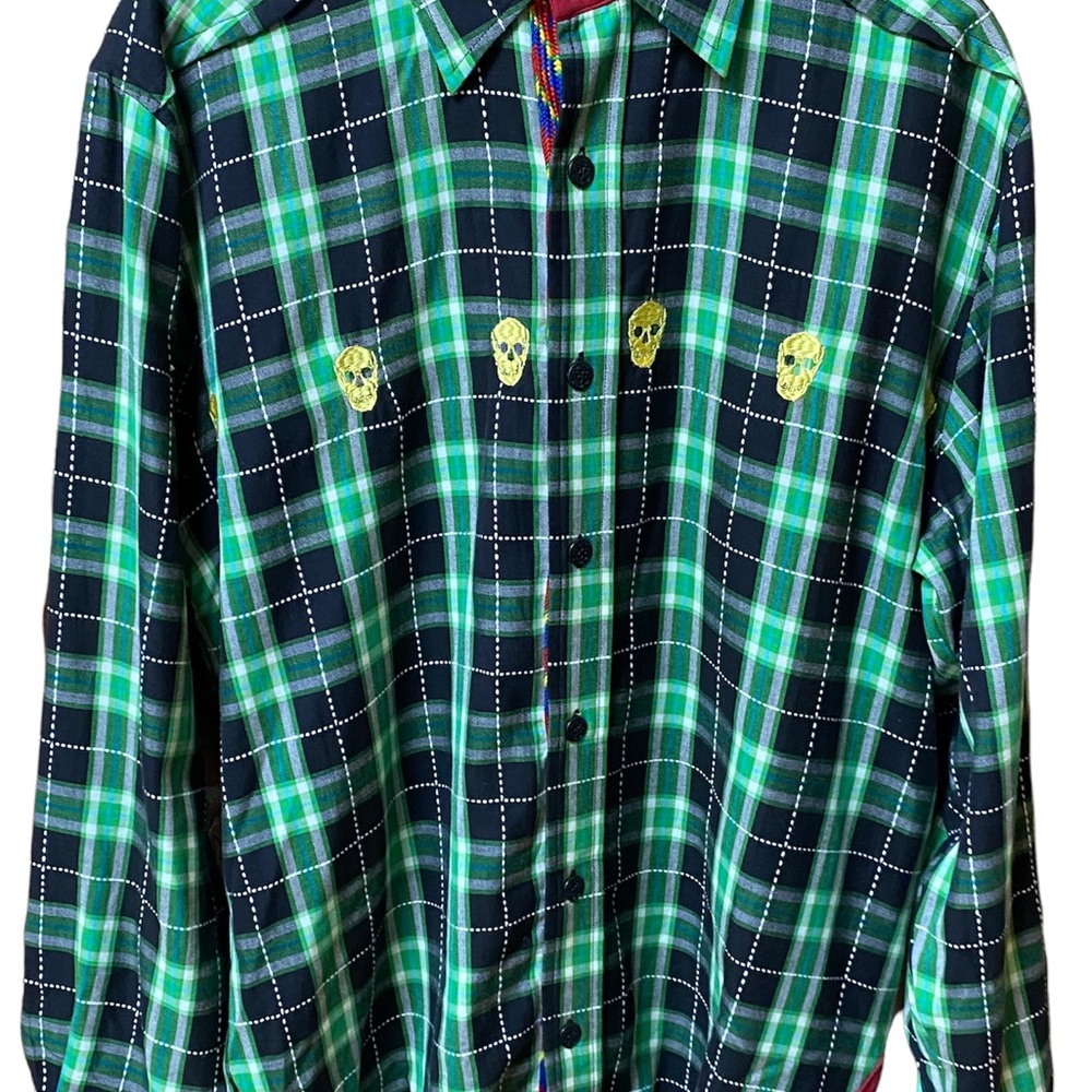Men's Massive Revolution "Day of the Dead" Green Plaid LS Skull Shirt LG Braided